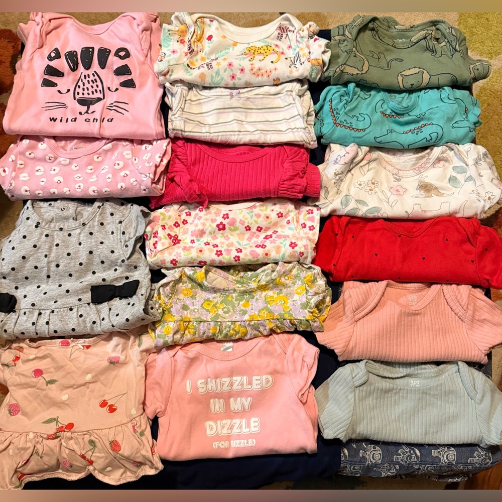 Assorted lot of 16 baby girls onesies size 6 months gently used no stains